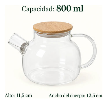 Tetera De Vidrio 800 Ml Con Filtro Y Tapa De Bambú