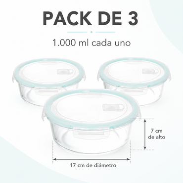 Pack de 3 recipientes de 1.000 ml, 17 cm de diámetro y 7 cm de alto