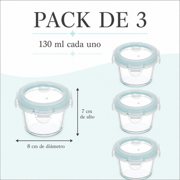 Pack de 3 recipientes de 130 ml, 8 cm de diámetro y 7 cm de alto