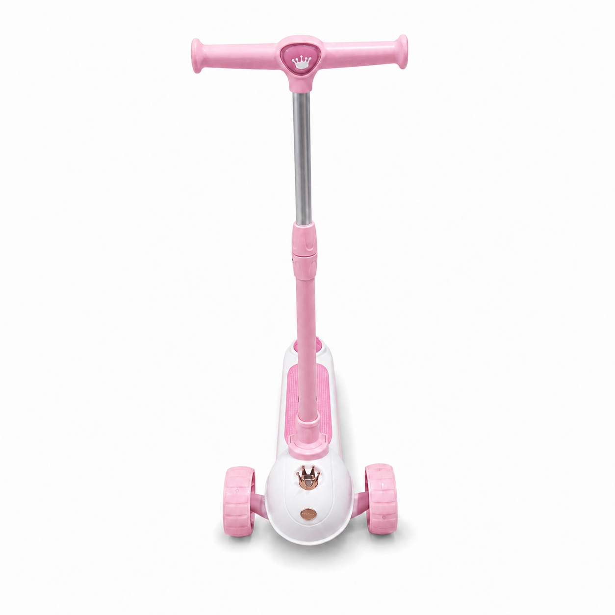 Scooter infantil plegable rosado de 3 ruedas sobre fondo blanco