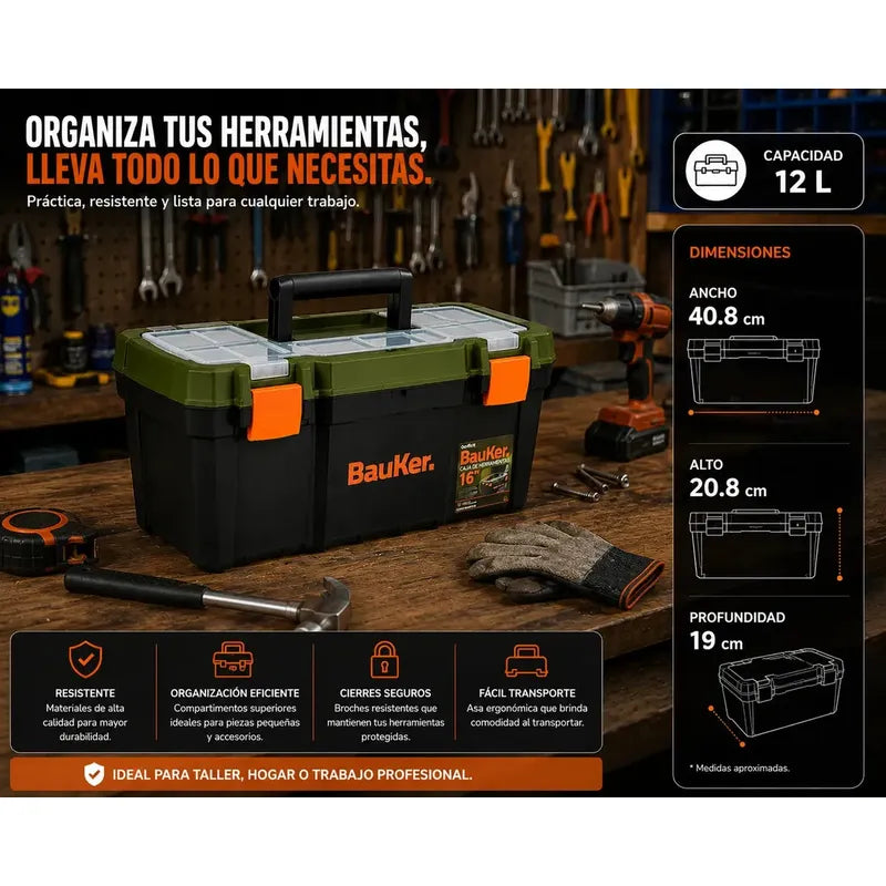 Caja De Herramientas 16 Pulgadas Bauker Color Verde