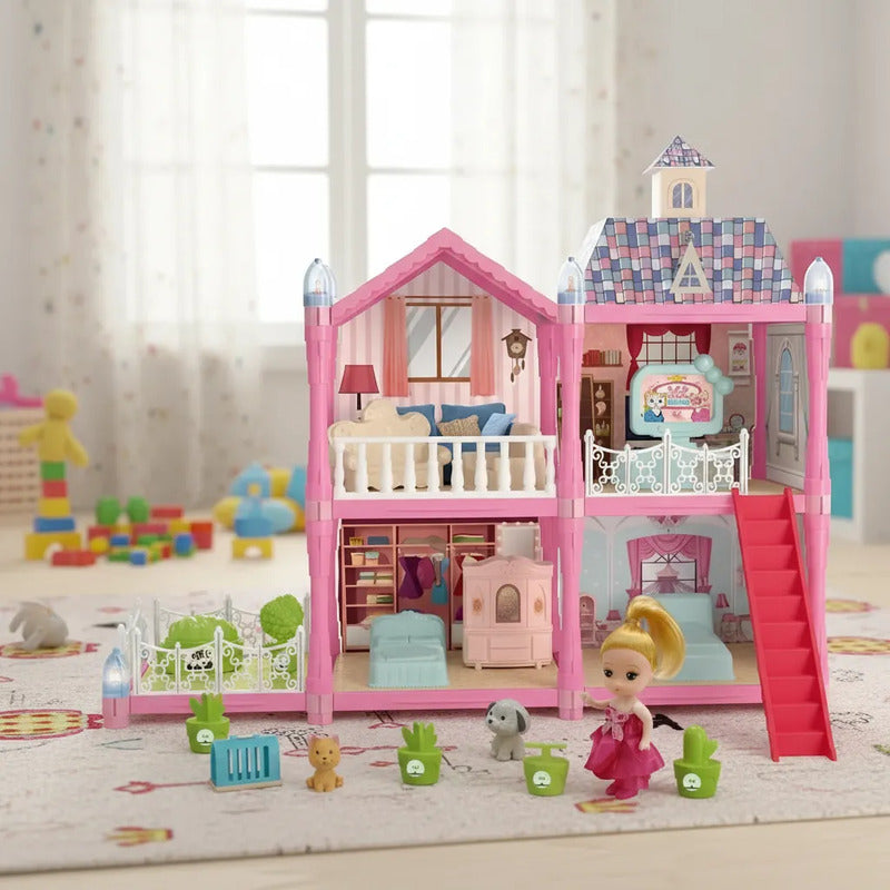 Casa De Muñecas Armable 71 Piezas Villa Role Play Set Rosa