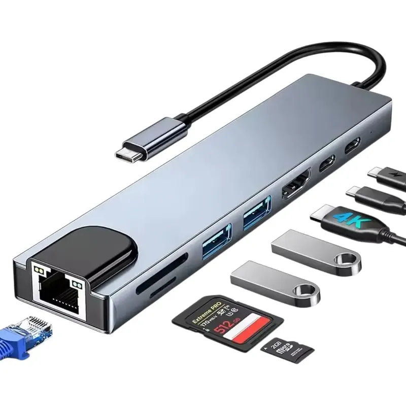 Adaptador Hub 8 En 1usb Dual Usb C A Hdmi, Tarjeta Sd/tf Usb Gris