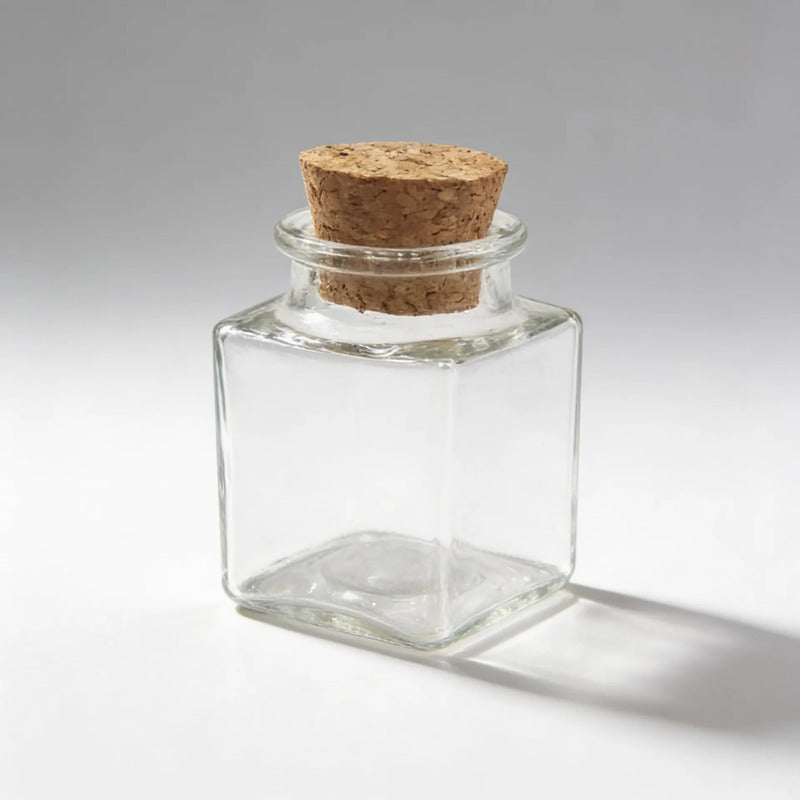 Pack 4 Frascos De Vidrio 50ml Cuadrado Con Tapa De Corcho Vidrio