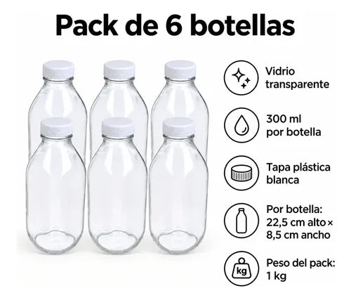 Pack 6 Frascos De Vidrio Para Jugos Con Tapa Plástica 300ml