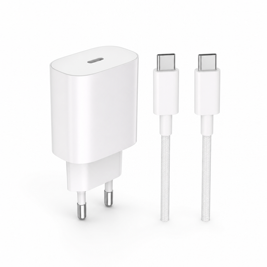 Cargador rápido blanco de 25 W con cable USB-C sobre fondo blanco