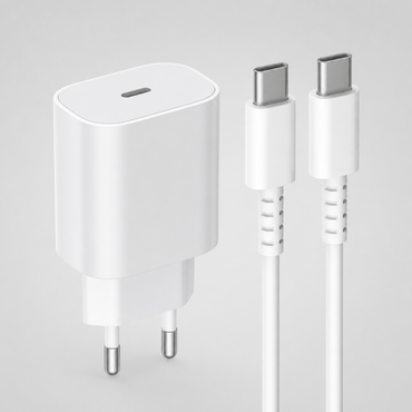 Cargador USB-C blanco y cable en vista de estudio