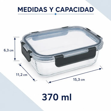 Set 4 Tupper Hermético Vidrio 370ml