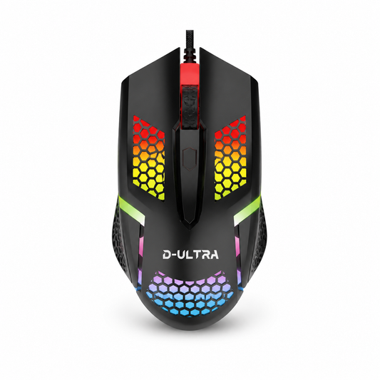 Mouse gamer alámbrico RGB negro sobre fondo blanco