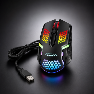 Mouse gamer RGB negro en estudio