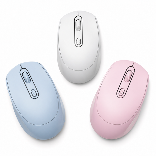 Mouse inalámbrico en colores azul blanco y rosado sobre fondo blanco