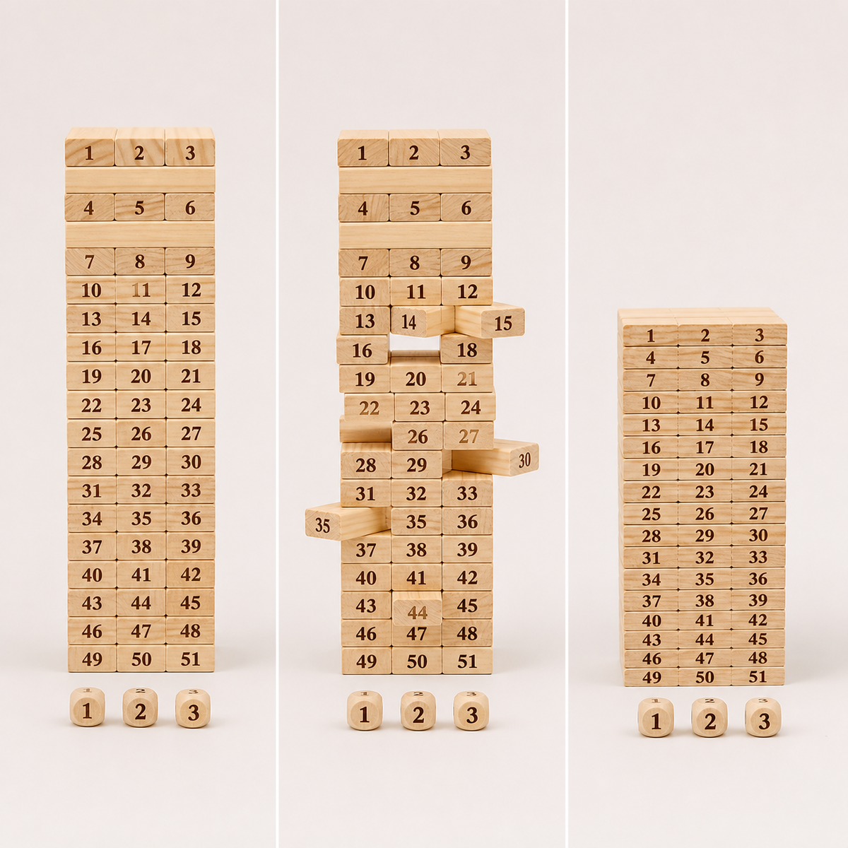 Etapas de juego con torre de madera numerada