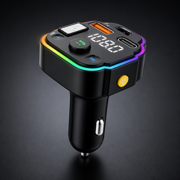 Transmisor FM Bluetooth negro en vista de estudio