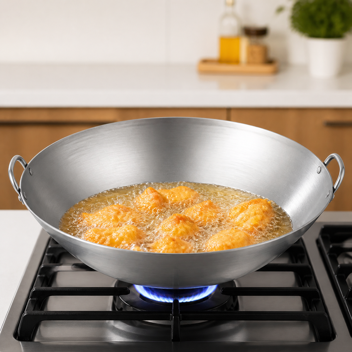 Wok de Acero con Dos Asas 45 cm Espesor 1,5 mm - contexto de fritura