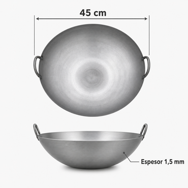 Wok de Acero con Dos Asas 45 cm Espesor 1,5 mm - medidas 45 cm y espesor 1,5 mm