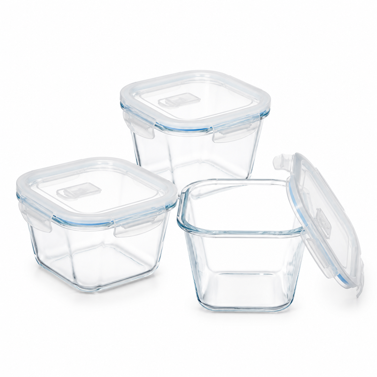 Pack de 3 recipientes herméticos cuadrados de vidrio de 1000 ml sobre fondo blanco