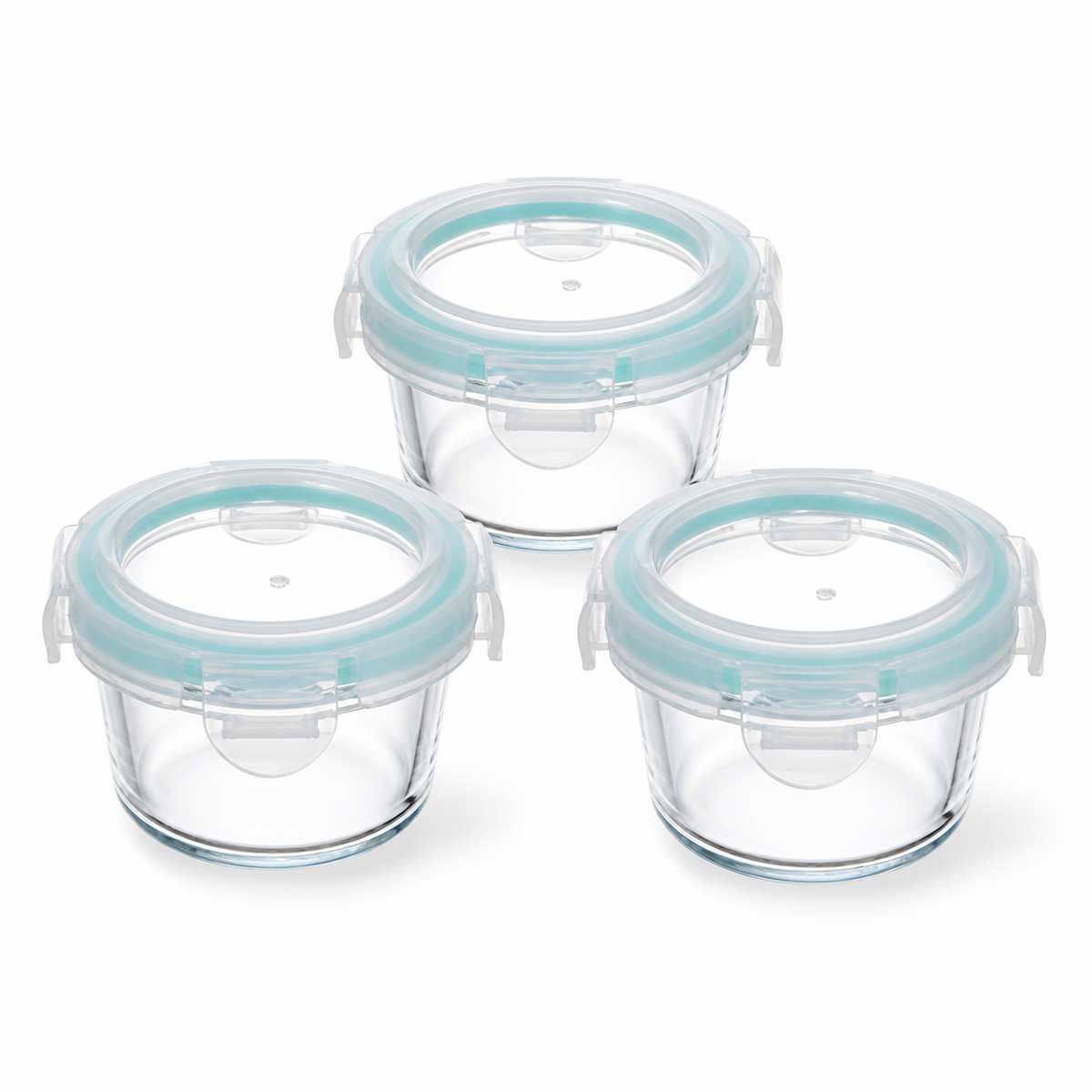 Pack de 3 recipientes herméticos redondos de vidrio de 130 ml sobre fondo blanco
