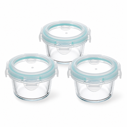 Pack de 3 recipientes herméticos redondos de vidrio de 130 ml sobre fondo blanco