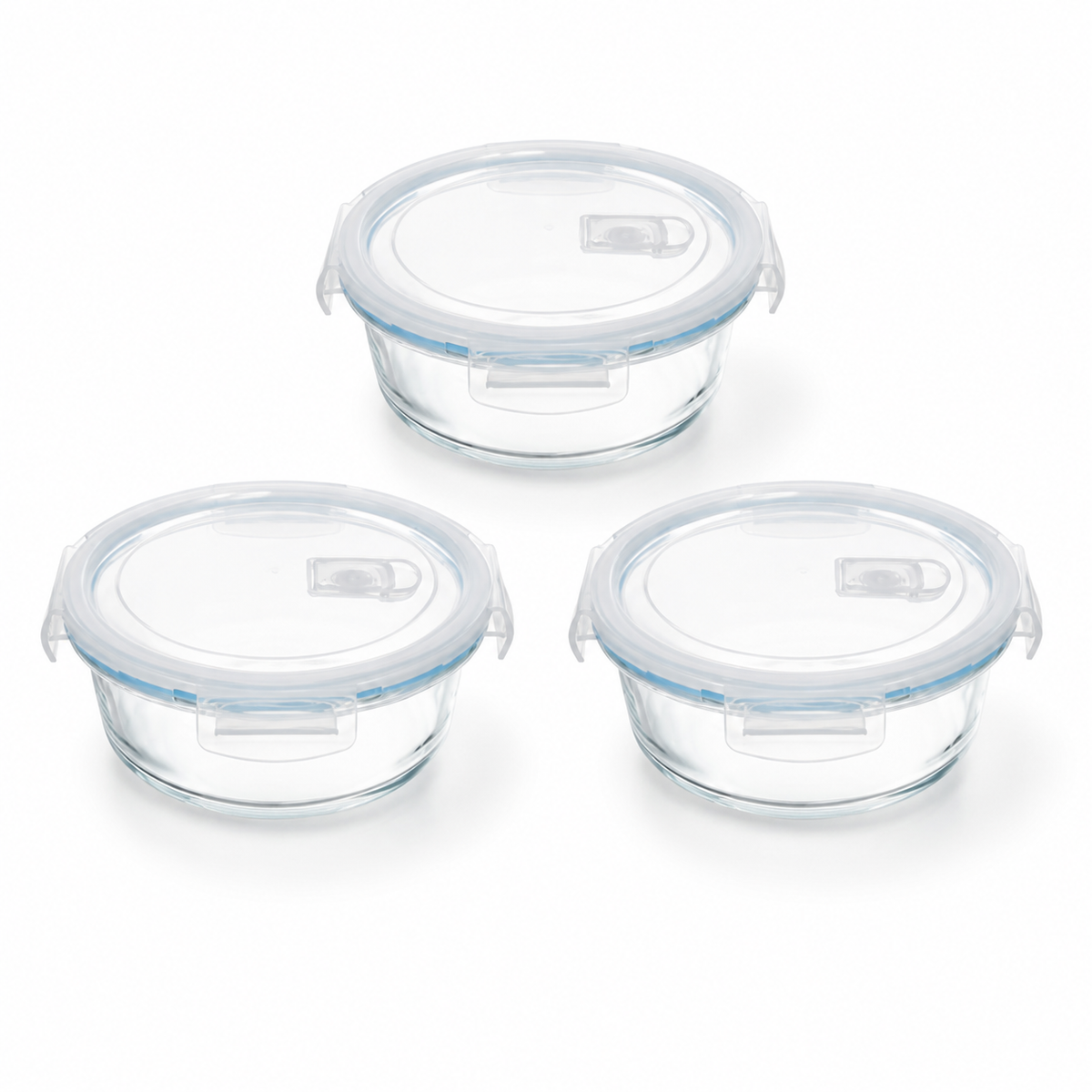Pack de 3 recipientes herméticos redondos de vidrio de 650 ml sobre fondo blanco
