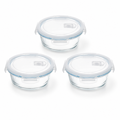Pack de 3 recipientes herméticos redondos de vidrio de 650 ml sobre fondo blanco