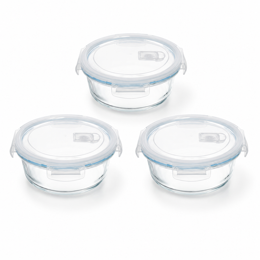 Pack de 3 recipientes herméticos redondos de vidrio de 650 ml sobre fondo blanco