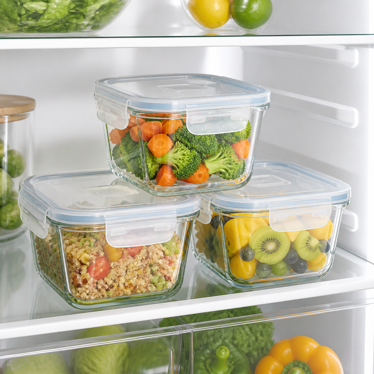 Tres recipientes cuadrados de vidrio organizando alimentos en el refrigerador