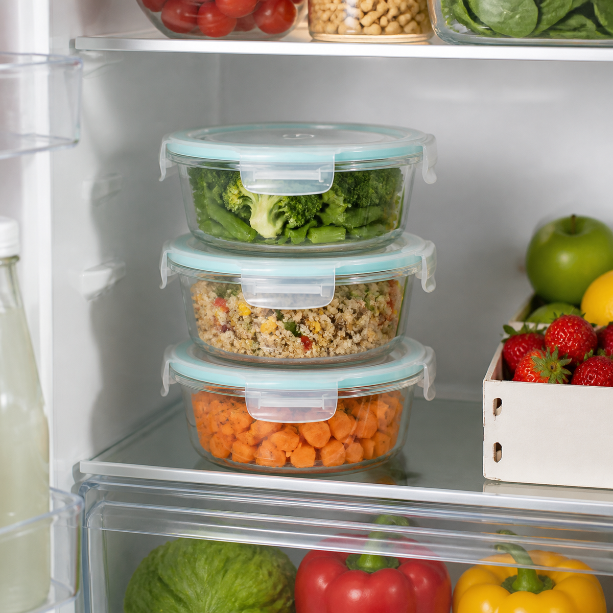 Tres recipientes herméticos de vidrio organizando alimentos en el refrigerador