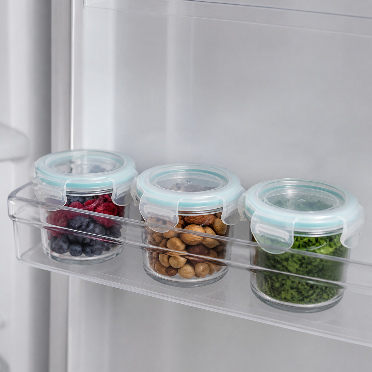 Tres recipientes pequeños de vidrio organizados en el refrigerador