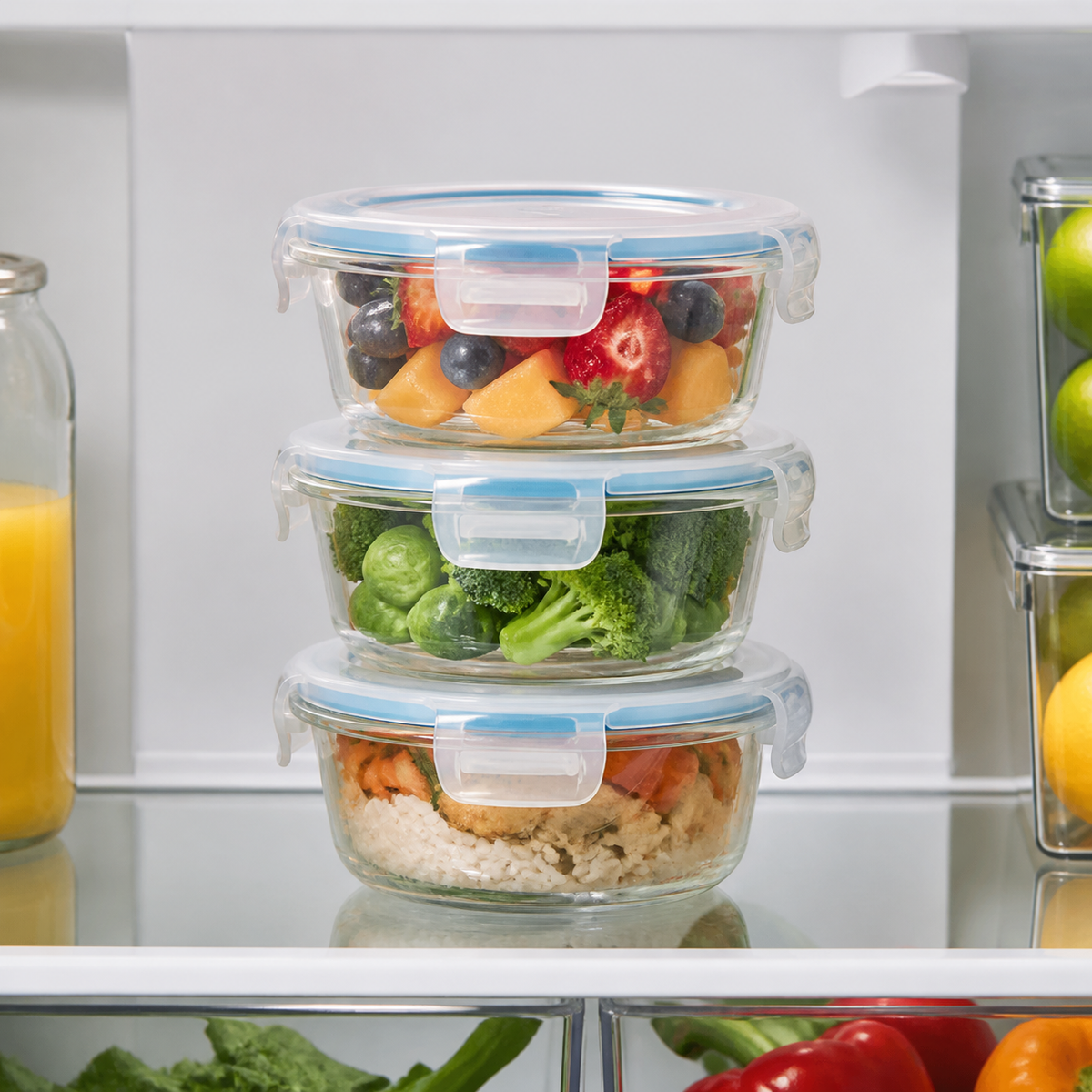 Tres recipientes herméticos de vidrio de 650 ml en el refrigerador