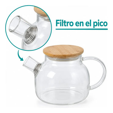 Tetera De Vidrio 1 Litro Con Tapa De Bambú Y Filtro