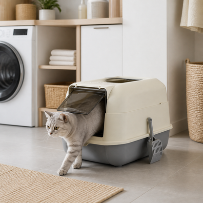 Gato utilizando arenero cerrado en lavandería