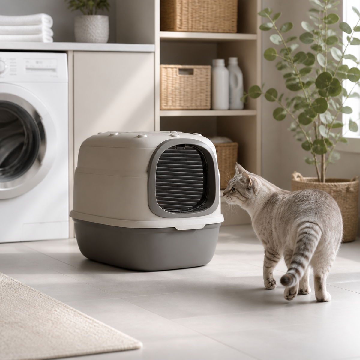 Arenero amplio para gato en lavandería