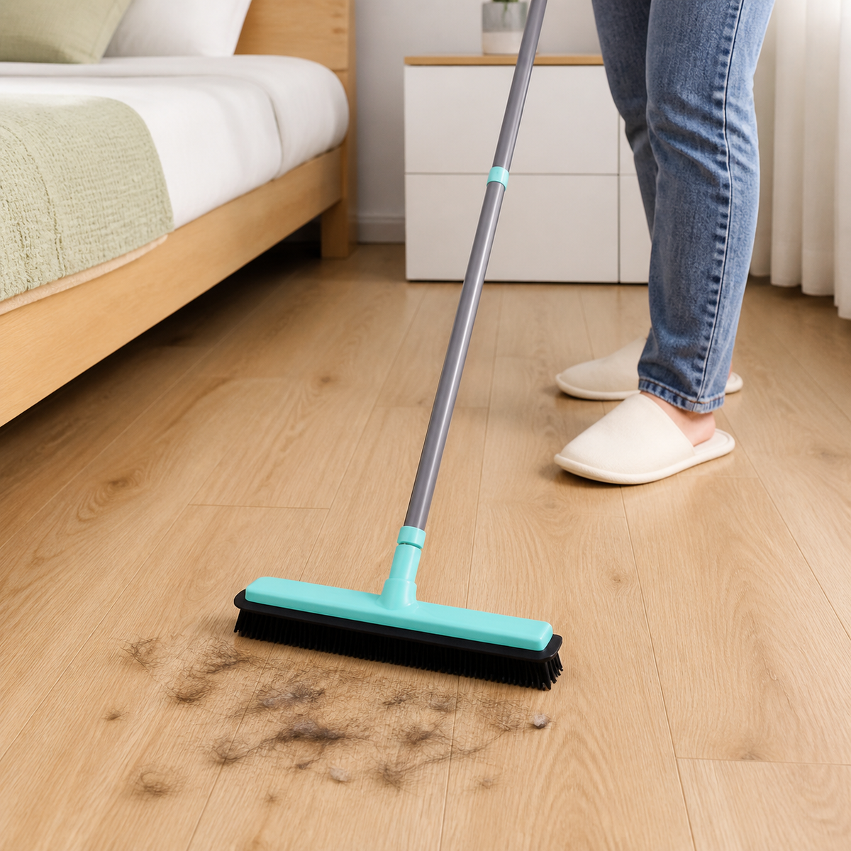 Escobillón de goma recogiendo pelos sobre piso de dormitorio