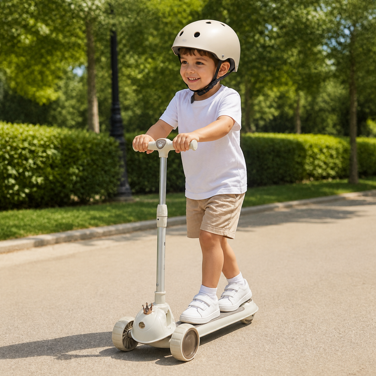 Niño con casco usando scooter infantil beige en parque