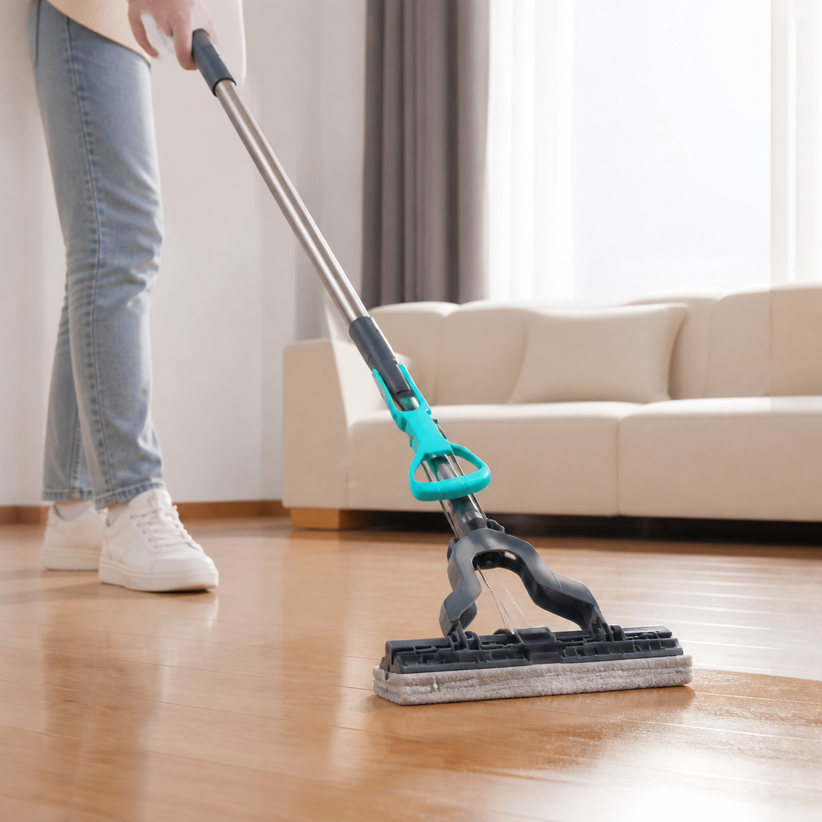 Mopa de esponja 27 cm limpiando piso de sala