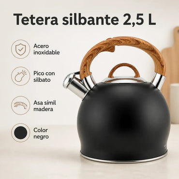 Tetera Acero Inoxidable Con Silbato 2,5lts Manilla De Madera
