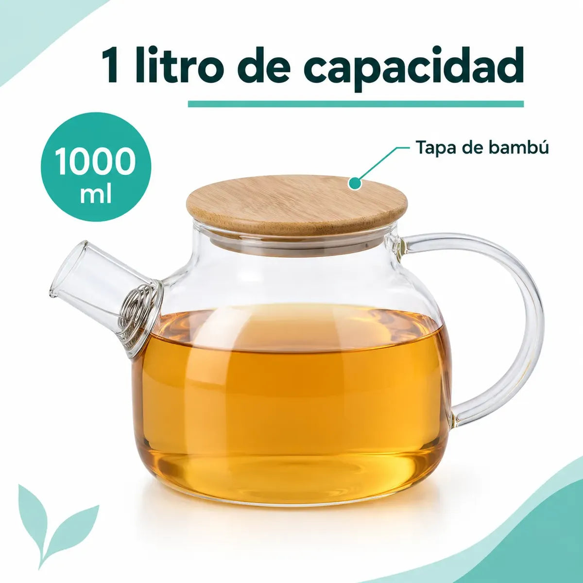 Tetera De Vidrio 1 Litro Con Tapa De Bambú Y Filtro