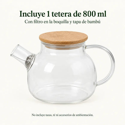Tetera De Vidrio 800 Ml Con Filtro Y Tapa De Bambú