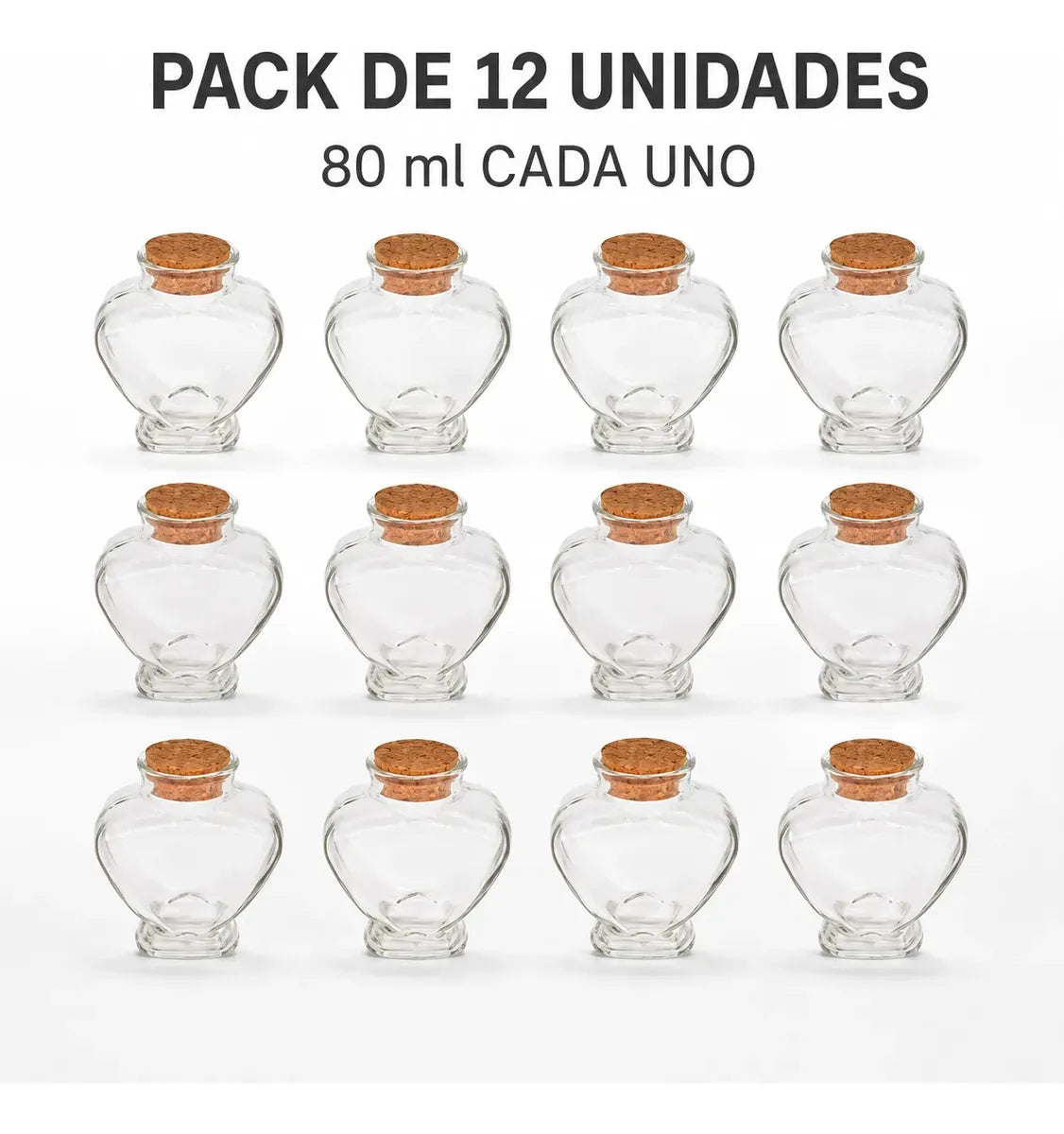 Pack 12 Frascos Corazón Vidrio 80ml Corcho Para Recuerdos
