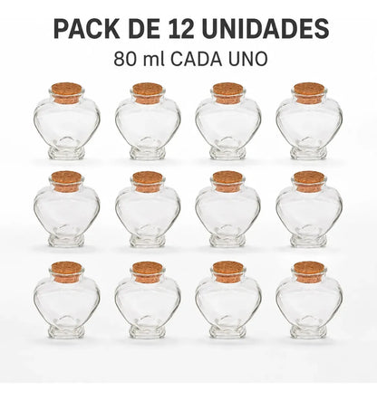Pack 12 Frascos Corazón Vidrio 80ml Corcho Para Recuerdos