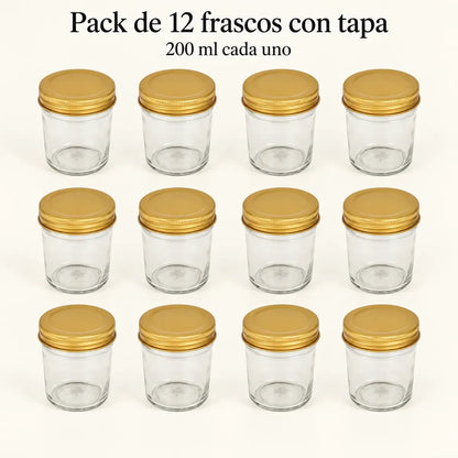 Pack 12 Frascos De Vidrio Conserveros 200 Ml Con Tapa