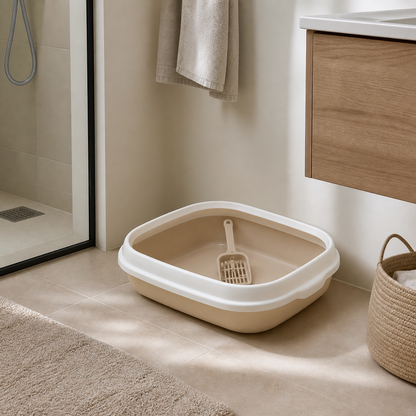 Arenero abierto beige en baño moderno