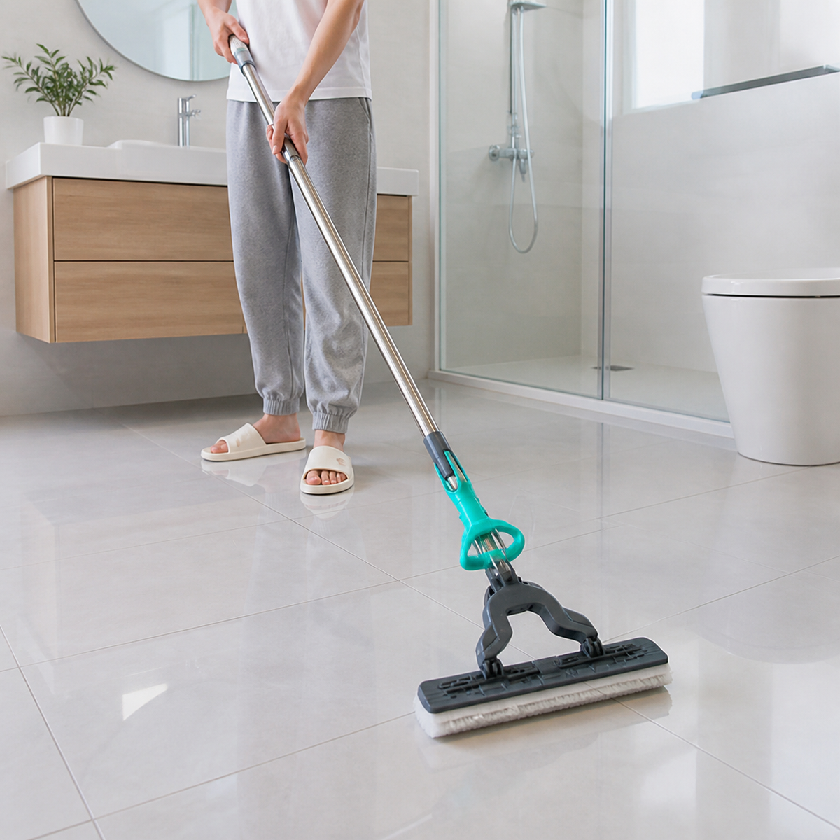 Mopa de esponja 27 cm limpiando piso de baño