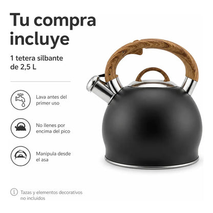 Tetera Acero Inoxidable Con Silbato 2,5lts Manilla De Madera