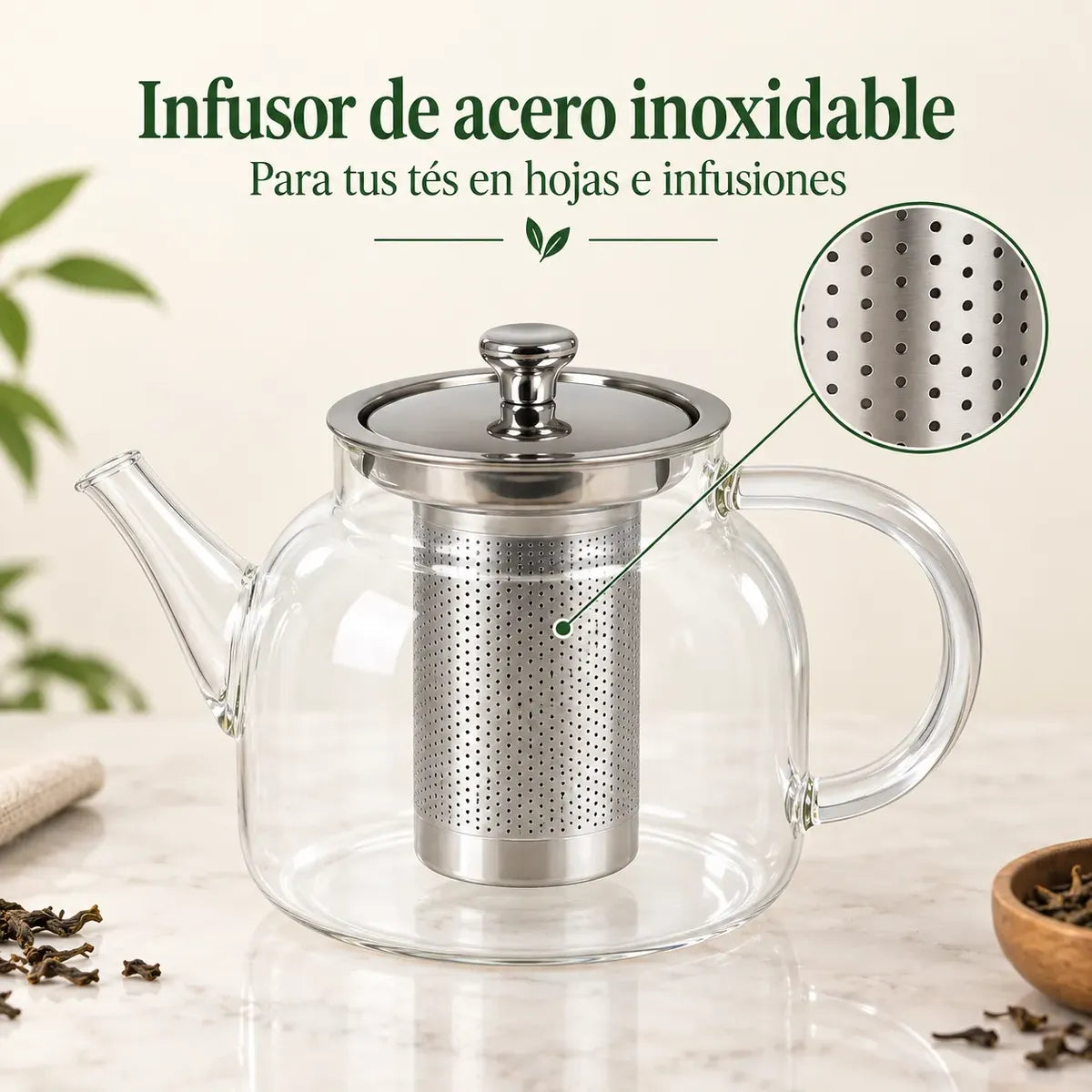 Tetera Infusor De Vidrio Té Infusor Acero Inoxidable 1.5 L