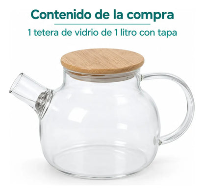 Tetera De Vidrio 1 Litro Con Tapa De Bambú Y Filtro