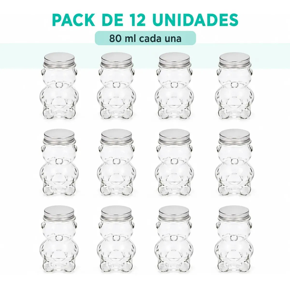 Pack 12 Botellas De Vidrio Osito 80 Ml Con Tapa