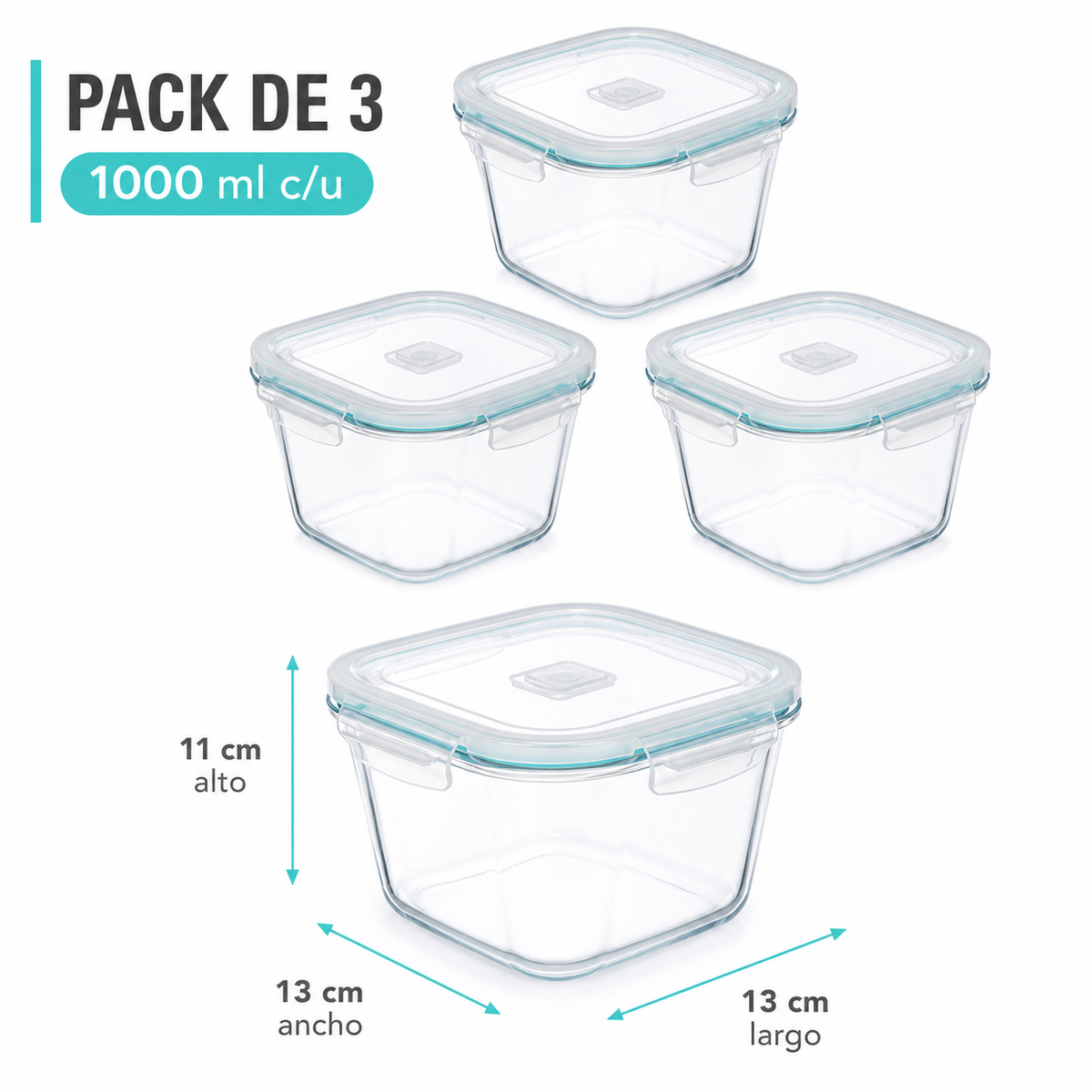 Pack de 3 recipientes de 1000 ml con medidas de 13 por 13 por 11 cm
