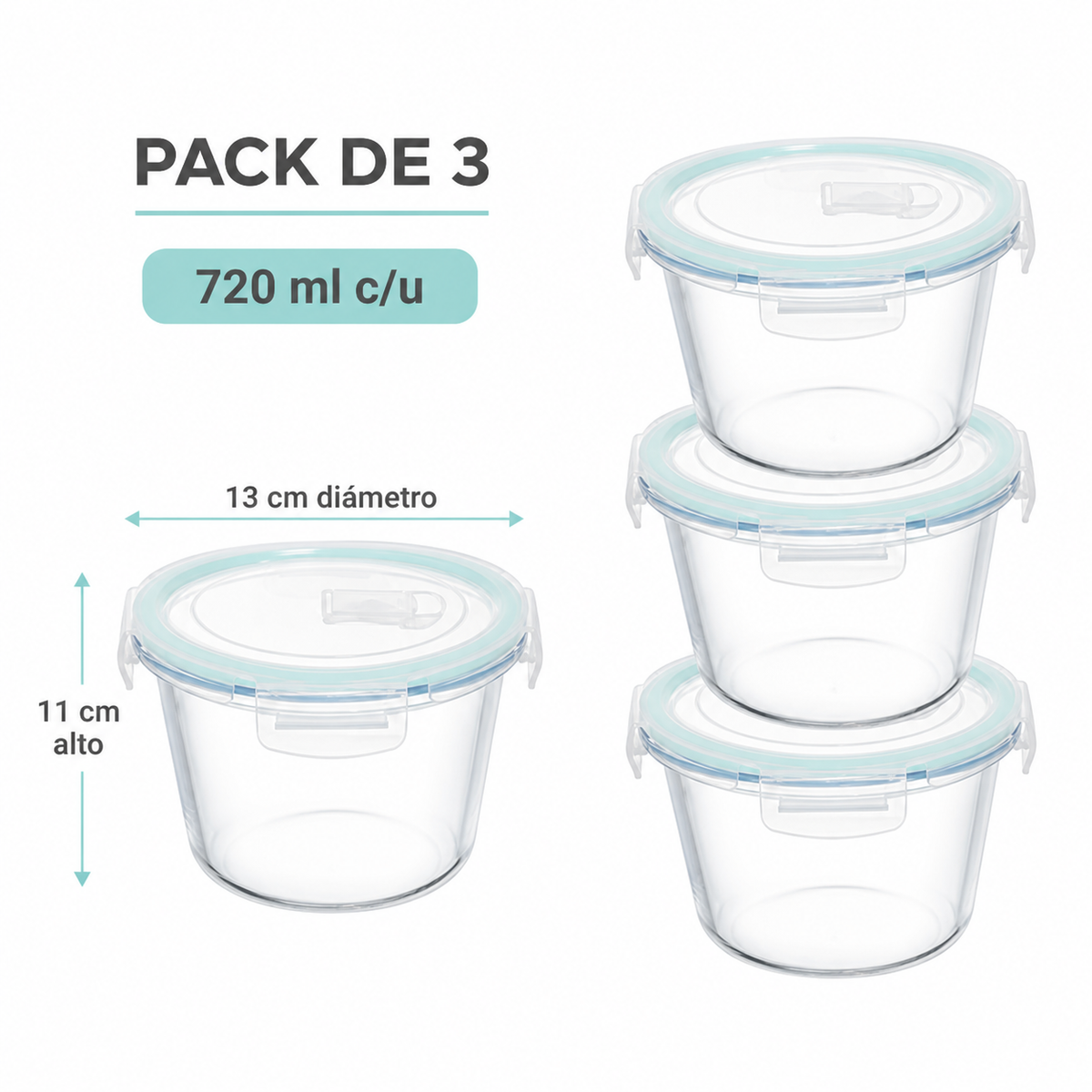 Pack de 3 recipientes de 720 ml con medidas de 13 por 11 cm