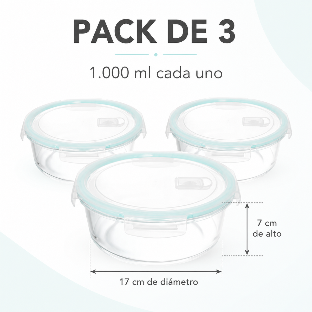 Pack de 3 recipientes de 1.000 ml, 17 cm de diámetro y 7 cm de alto